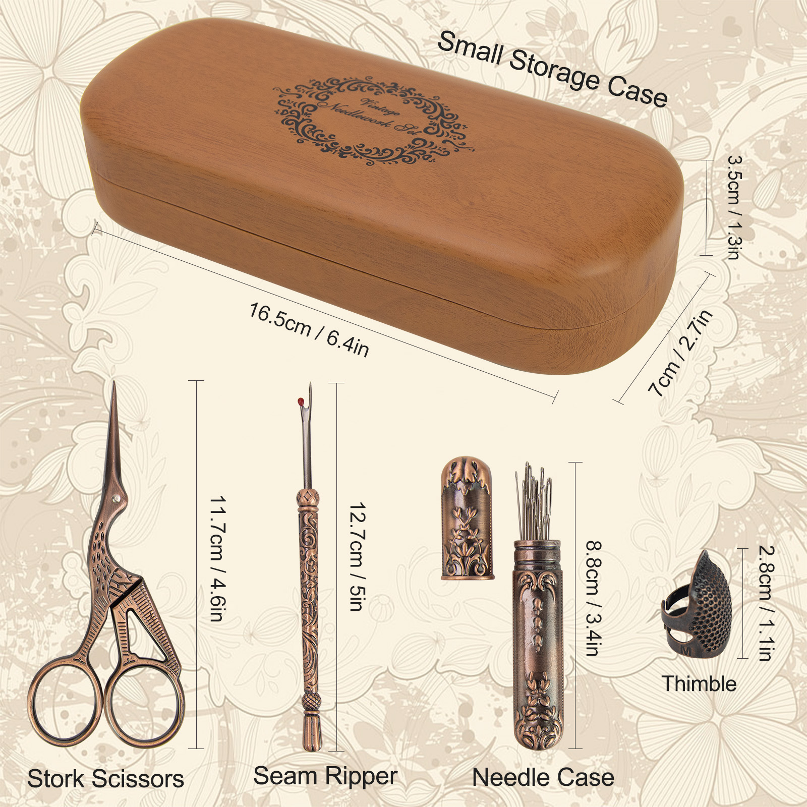 NOTIONSLAND 13081 Vintage Sewing Kit with Embroidery Scissors, Seam Ripper,  Thimble, and Needles - Copper 